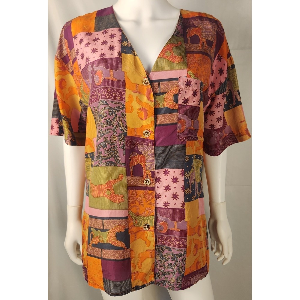 Options Melrose Patchwork Silk Button Down Top Artsy Animal Print  Woman's M